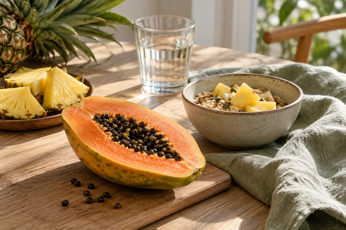 Papaya, ananas, en frukostskål och ett glas vatten på ett träbord.