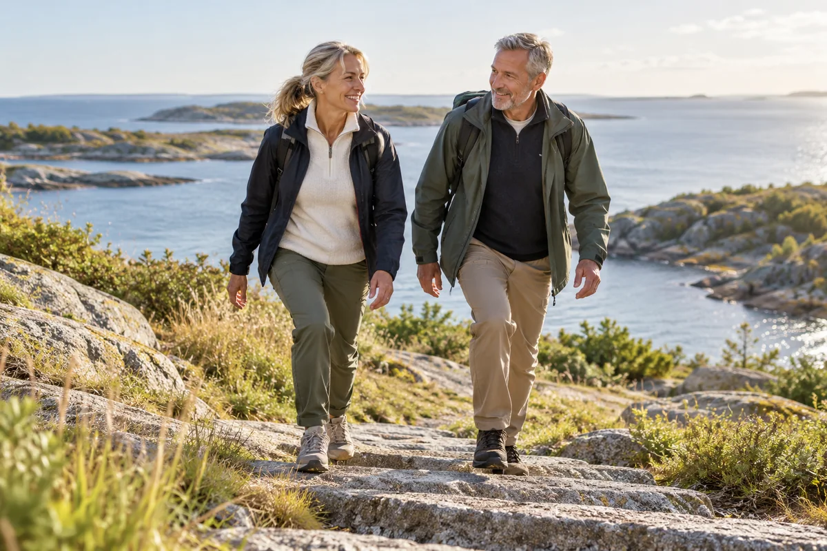 En man och en kvinna promenerar uppför stentrappor vid havet.