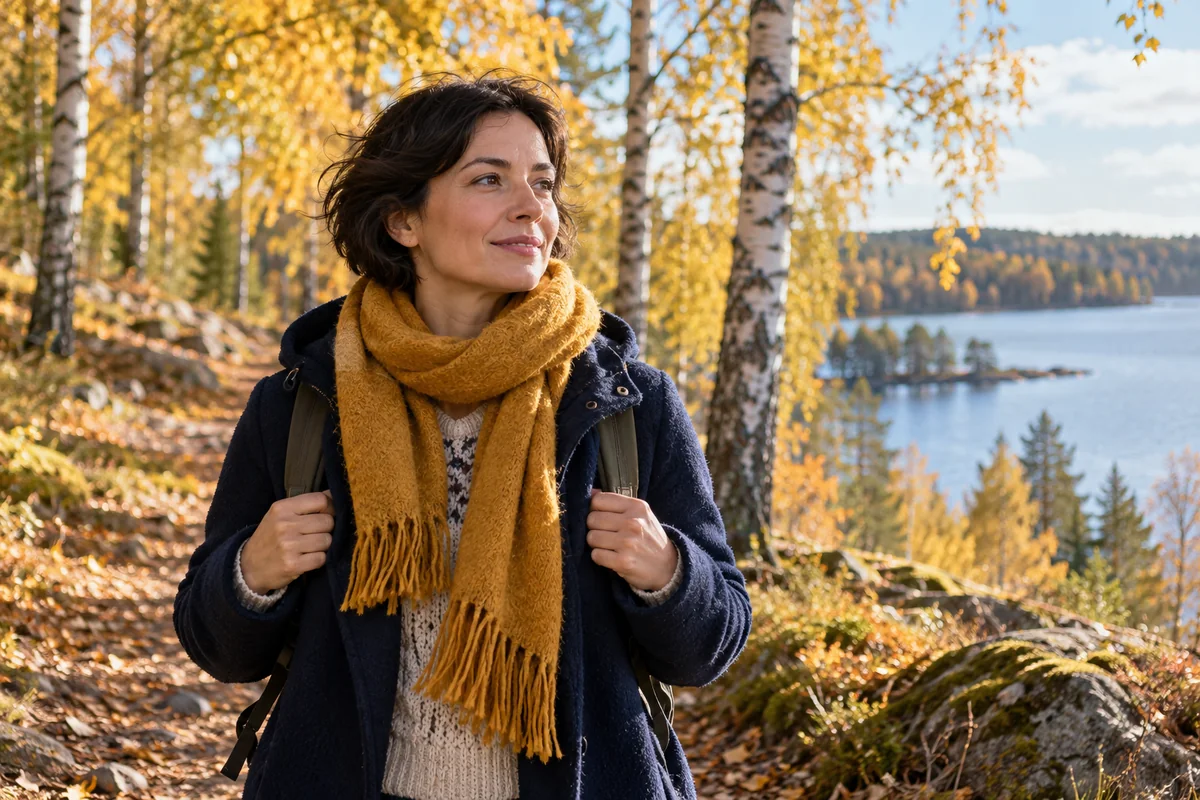 En kvinna med halsduk promenerar bland björkar i höstljus.